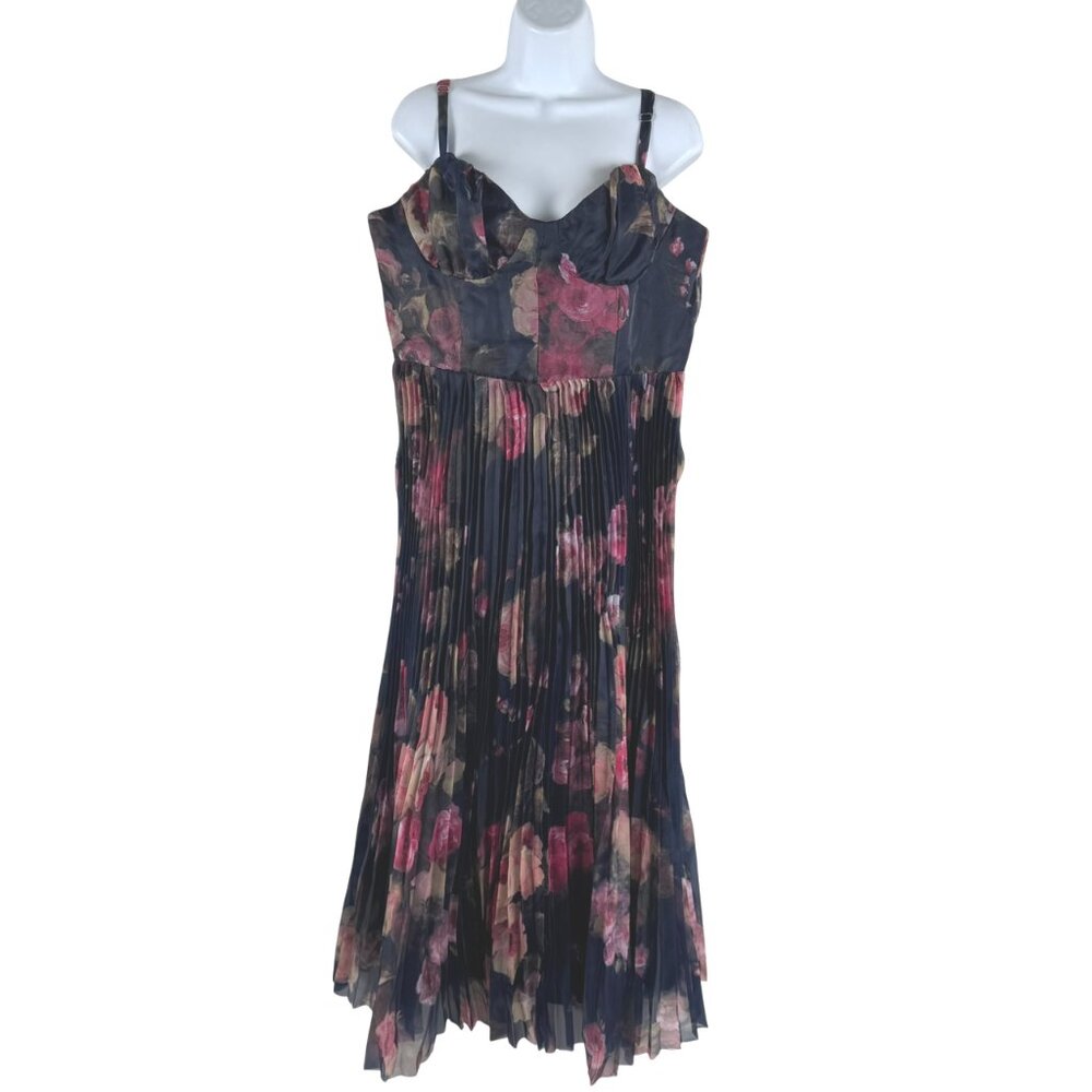Floral Pleated Midi Dress with Bustier Top - Black and Pink
